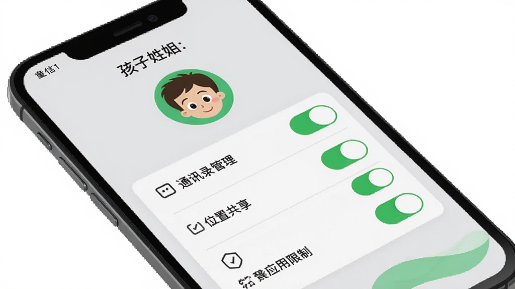 展示童信app家长后台页面,主体是手机屏幕,屏幕内显示孩子账号的管理选项,布局为顶部是孩子姓名和头像,下方是几个功能开关,包括通讯录管理、位置共享、应用限制等,风格简洁,色彩以浅灰色和绿色为主,细节清晰,画质干净无多余元素
