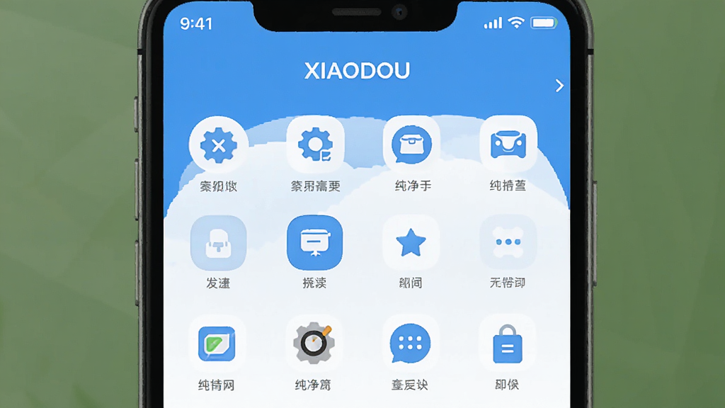 展示XIAODOU应用界面纯净无广告的截图风格示意图,主界面蓝白配色,功能图标整齐排列,无任何广告横幅或弹窗,整体视觉干净整洁,画质清晰,风格简约,突出纯净无广告的特点,文字标注