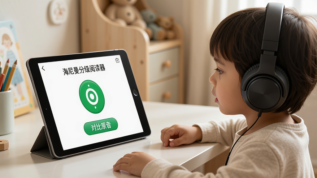 一个温馨的儿童书房场景,桌上放着一台平板电脑,屏幕显示“海尼曼分级阅读器”的跟读界面,界面有一个大大的绿色录音按钮,下方有“对比原音”按钮,旁边坐着一个五六岁的孩子,正戴着耳机对着屏幕认真地跟读,画面光线柔和,风格写实,画质干净,无多余元素。