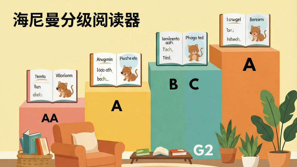 一张阶梯式图表,阶梯上清晰标注“海尼曼分级阅读器”的AA、A、B、C至G2等不同级别,每个阶梯上放置一本翻开的英文绘本,绘本上有简单的句子和插图,背景是淡黄色,图表下方有舒适的阅读角,有沙发和绿植,风格温馨,扁平插画风,画质干净,无多余元素。