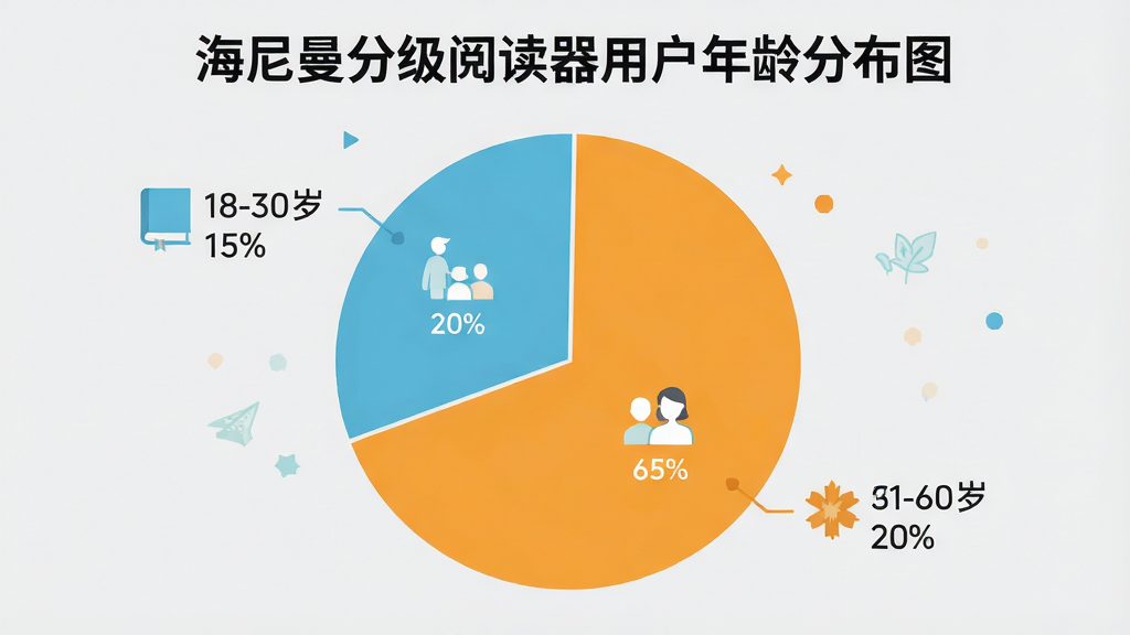 一个饼状图,标题为“海尼曼分级阅读器用户年龄分布图”,图中显示三块数据:18-30岁占15%,31-45岁占65%,46-60岁占20%,图表配色清新,有简单的图标装饰,背景为淡灰色,整体风格扁平现代,画质干净,无多余元素。