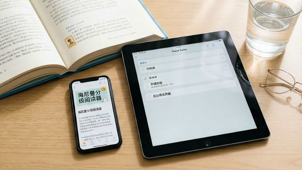 一张手机和一台平板电脑并排放置在书桌上的照片,手机屏幕显示“海尼曼分级阅读器”的阅读页面,平板电脑显示软件的后台管理设置界面,突出“存储权限”、“后台弹出界面”等选项,桌面上还有一本打开的纸质书和一杯水,风格写实,光线明亮,画质干净,无多余元素。