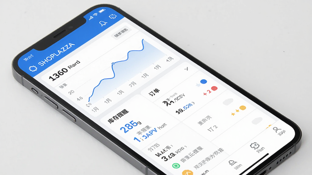 图片描述:展示SHOPLAZZA手机App主界面,主体为一部智能手机,屏幕中显示店铺管理后台的仪表盘,包括销售额曲线、订单列表、库存提醒等模块,界面采用蓝白配色,风格现代简洁,扁平化设计,细节清晰,画面干净无多余元素。