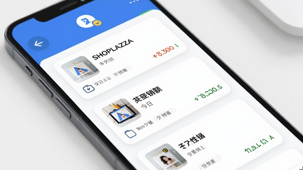 图片描述:SHOPLAZZA多店铺切换功能界面,主体为手机屏幕,显示店铺列表,每个店铺卡片上有店铺名称和今日销售额,顶部有切换箭头,界面风格整洁,蓝白配色,卡片布局清晰,细节丰富,画质干净。