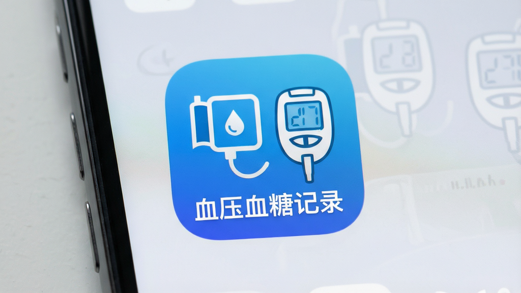 一张智能手机屏幕截图,界面中央显示“血压血糖记录”应用图标,图标以蓝白渐变为主色调,周围有血压计和血糖仪的简约线条图案,背景为浅灰色桌面,画面干净整洁,突出应用名称,画质高清,无多余元素。