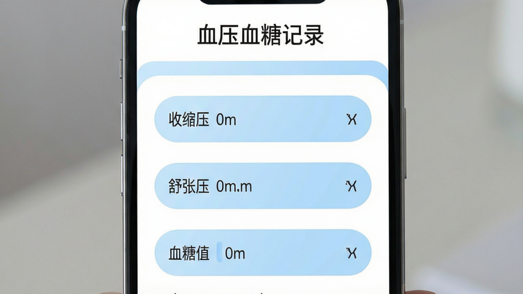 手机应用界面设计,上方有“血压血糖记录”字样,下方为输入表单,包含“收缩压”、“舒张压”、“血糖值”等字段,每个字段旁有对应的单位标注,界面配色以白色和浅蓝色为主,圆角输入框,整体布局简洁清晰,画质干净无多余元素。