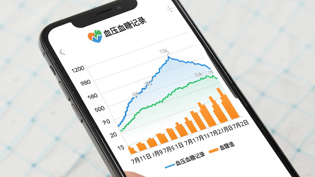 手机屏幕展示“血压血糖记录”应用内的趋势图表页面,折线图以蓝色线条表示收缩压变化,绿色线条表示舒张压,血糖值用橙色柱状图展示,横轴为日期(如7月1日、7月2日),纵轴为数值范围,图表下方有图例说明,背景为白色,界面干净,文字清晰可见“血压血糖记录”logo。