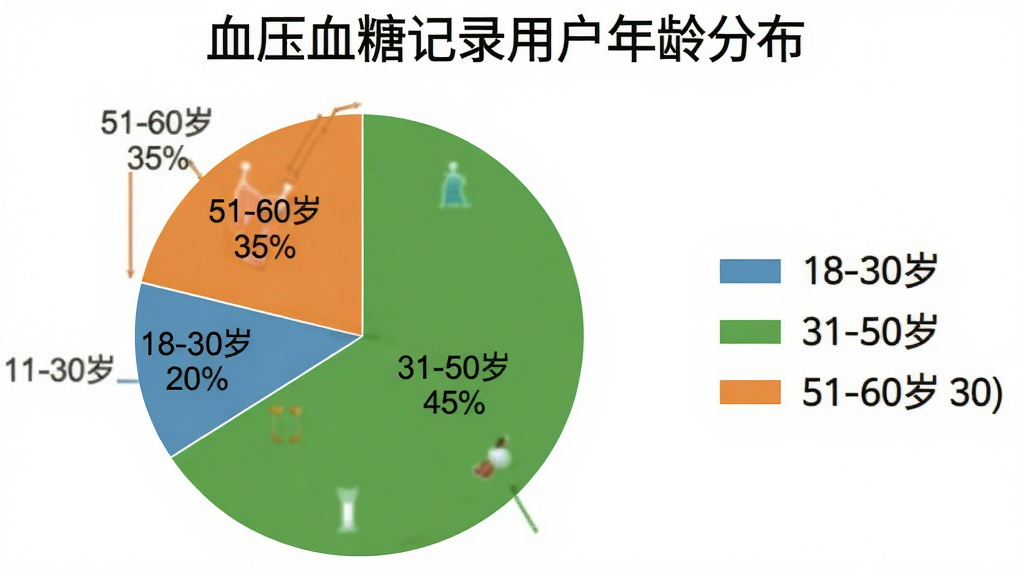 饼状图展示用户年龄分布,图中包含三个扇形区域,分别标注“18-30岁”占20%,“31-50岁”占45%,“51-60岁”占35%,颜色分别为蓝色、绿色和橙色,图例位于右侧,图表上方标题为“血压血糖记录用户年龄分布”,背景为白色,画质干净清晰。