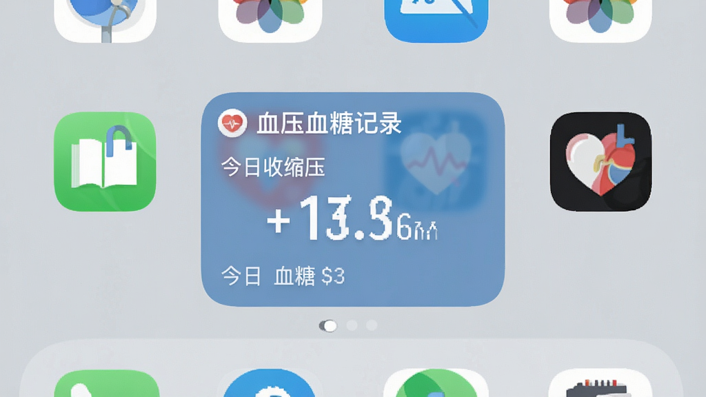 一张智能手机桌面截图,桌面中央有一个“血压血糖记录”组件,显示今日收缩压和血糖数值,组件背景为半透明蓝色调,周围有其他应用图标,桌面壁纸为纯色浅灰,整体画面干净,突出组件内容,画质清晰无多余元素。