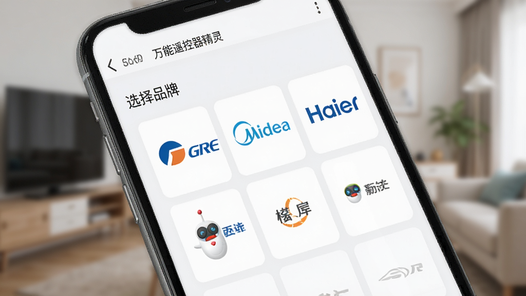 展示“万能遥控器精灵”软件内添加设备的界面,手机屏幕上显示“选择品牌”列表,包括格力、美的、海尔等Logo,布局清晰,界面简洁,风格扁平化,细节丰富,画质干净。