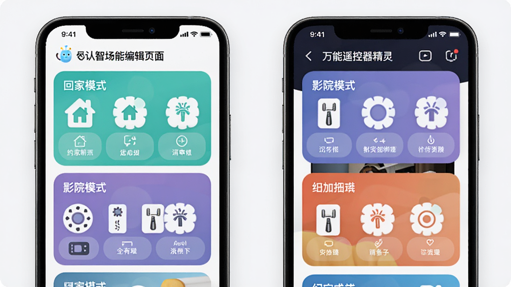 一张展示“万能遥控器精灵”智能场景编辑页面的截图,手机界面上有“回家模式”、“影院模式”等卡片,每个卡片内有多个设备图标和操作指令,界面采用卡片式布局,色彩明快,风格现代,画质清晰。