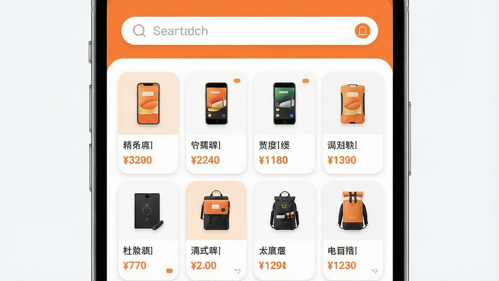 一张展示“不特精选”手机应用主界面的高清截图,界面简洁现代,以白色和橙色为主色调,顶部有搜索框,页面中整齐排列着各类精选商品卡片,每张卡片包含商品图片、名称和价格,布局清晰,风格扁平化,细节圆润,画质干净无多余元素。
