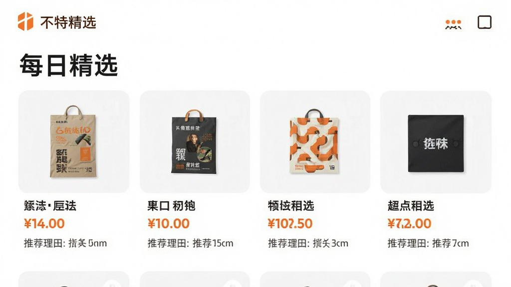 一张展示“不特精选”应用内每日推荐功能的界面截图,页面顶部有“每日精选”标题,下面排列着几款热门商品,每款商品展示图片、名称、价格和推荐理由,整体设计清爽,橙色点缀,画质干净无多余元素。