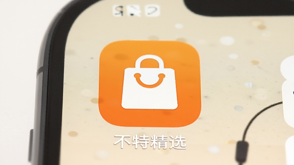一张展示“不特精选”应用在手机桌面上图标的截图,图标为橙色圆形,中间有白色购物袋图案,手机屏幕背景为浅色,图标清晰醒目,画质干净无多余元素。