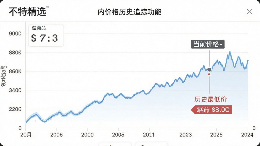 一张展示“不特精选”应用内价格历史追踪功能的截图,界面中显示一个商品的折线价格走势图,横轴为日期,纵轴为价格,曲线清晰,并标注当前价格和历史最低价,背景为白色,风格简洁,画质干净无多余元素。