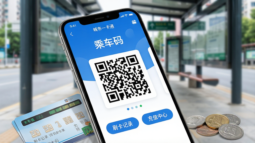 一张智能手机屏幕特写,屏幕显示“城市一卡通”APP主界面,界面以蓝白为主色调,顶部显示“乘车码”三个大字,中间有一个大大的二维码,底部有“刷卡记录”和“充值中心”两个功能按钮,手机旁边放着一张公交卡和几枚硬币,背景是虚化的城市公交站台,整体风格明亮清晰,画质干净,无多余元素