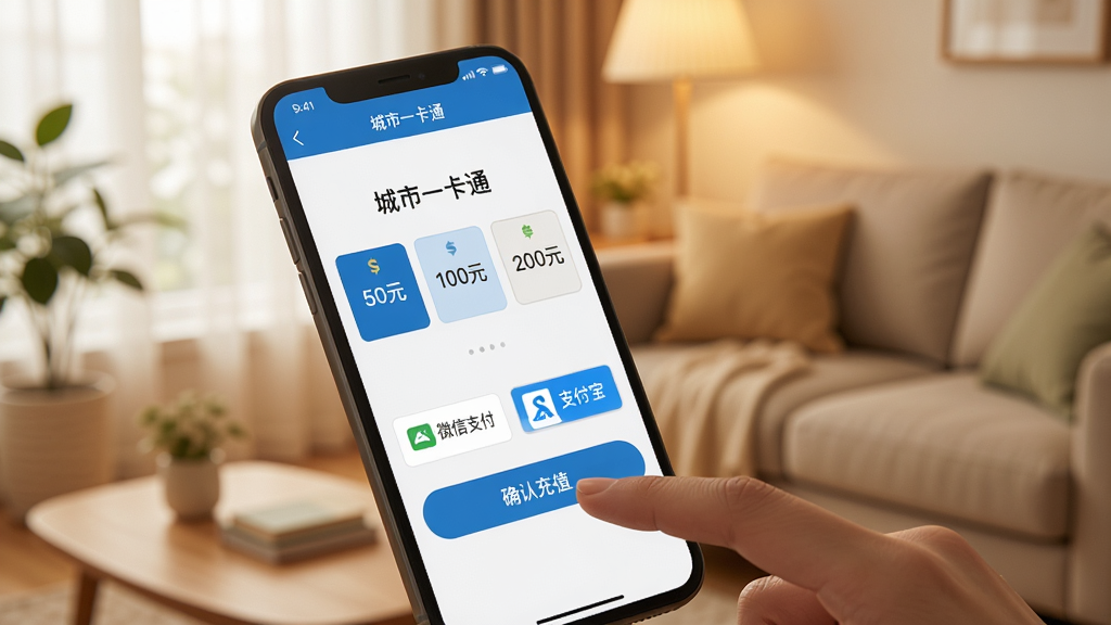 手机屏幕显示“城市一卡通”的充值页面,页面简洁,有“50元”、“100元”、“200元”三个快捷充值选项,下方是“微信支付”和“支付宝”两个按钮,手指正在点击“确认充值”,背景是温馨的客厅环境,光线柔和,画质清晰,无多余元素