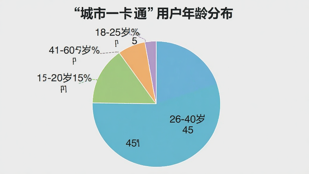 一张饼状图,展示“城市一卡通”用户年龄分布,18-25岁占35%,26-40岁占45%,41-60岁占15%,60岁以上占5%,图表颜色清新,标注清晰,背景为浅灰色,整体简洁大方,无多余元素