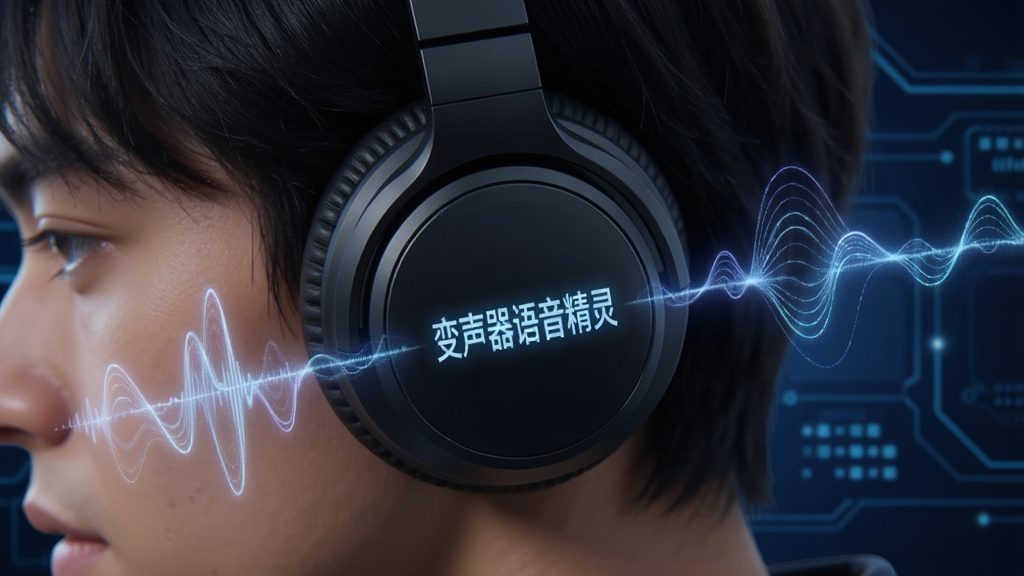 一个耳机佩戴者的侧脸特写,耳机上带有“变声器语音精灵”的光影字样,周围有流动的声波线条,背景为深蓝色科技感氛围,画质锐利,无多余元素