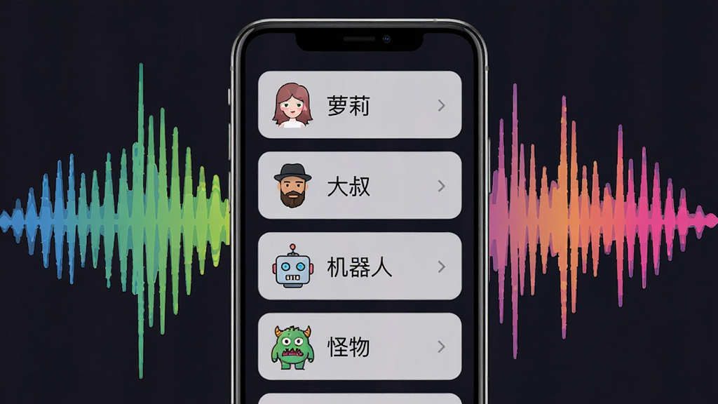 一张功能展示图,画面中央是一个手机界面,上面列出多种音色选项,包括“萝莉”、“大叔”、“机器人”、“怪物”等,每个选项都有小图标,背景是彩色声波图形,风格现代扁平,画质清晰,无多余元素
