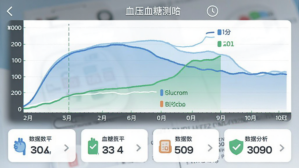 一张“血压血糖测”App的趋势分析截图,屏幕上是蓝色血压曲线和绿色血糖曲线,纵轴为数值,横轴为日期,曲线平滑,图表下方有数据摘要卡片,风格扁平清晰,画质干净。