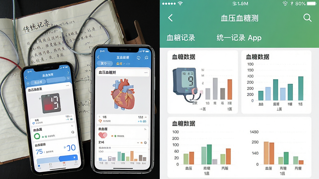 一张对比图,左侧是传统纸质记录本和两个不同手机App界面的杂乱拼贴,右侧是“血压血糖测”App内一个整合了血压和血糖数据的统一记录页面,页面布局清晰,图表颜色区分明显,画质干净,无多余元素。