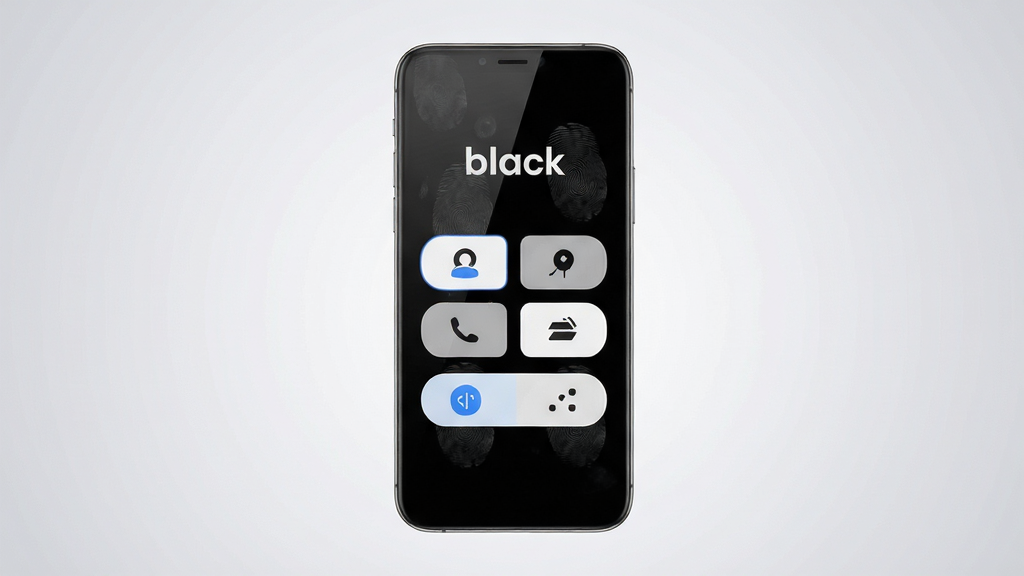 主体:一个整洁的智能手机应用界面,屏幕上方显示“black”字样,下方排列着几个简单的功能按钮,界面中没有看到任何广告横幅或弹窗;布局:手机居中,背景为柔和的浅灰色渐变;排版:界面元素间距均匀,功能按钮采用圆角矩形设计;风格:极简主义,干净明亮;细节:屏幕表面有细微的指纹痕迹,但整体光洁,按钮图标设计简洁明了,色彩以黑白灰为主,加上一点蓝色的高亮;画质:高清渲染,干净无多余元素。