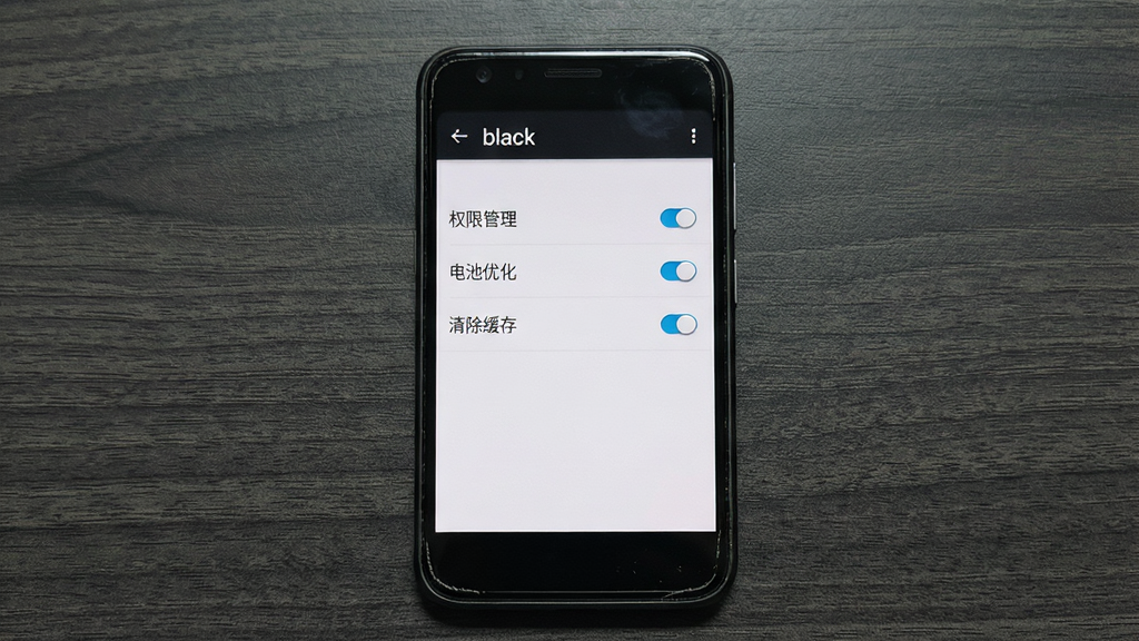 主体:一部手机竖屏显示“black”软件的设置界面,屏幕上可以看到几个选项列表,包括“权限管理”、“电池优化”、“清除缓存”等;布局:手机位于画面中央,背景为深灰色木纹桌面;排版:设置列表清晰可读,部分选项右侧带有开关按钮;风格:屏幕截图风格,写实;细节:屏幕上的文字清晰可见,其中“权限管理”和“电池优化”选项高亮显示,手机边框有细微磨损痕迹,体现真实使用感;画质:高清,干净无多余元素。