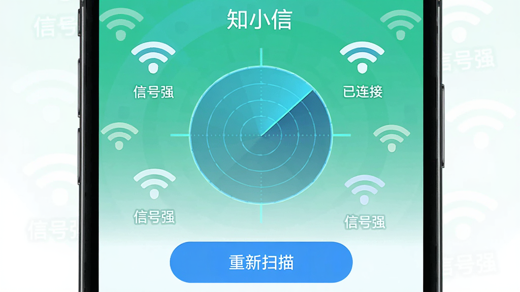 �ֻ���Ļ�ϡ�֪С�š�App��ɨ�蹦�ܽ��棬������ʾһ��Բ���״ﶯ������Χɢ���Ŷ��WiFi�ź�ͼ�꣬��������ͼ���ע�������ӡ��͡��ź�ǿ���������·���һ��������ɨ�衱��ť����ťΪ��ɫԲ����ƣ��������ƽ����ɫ�����£�ϸ�ڷḻ�����ʸɾ�