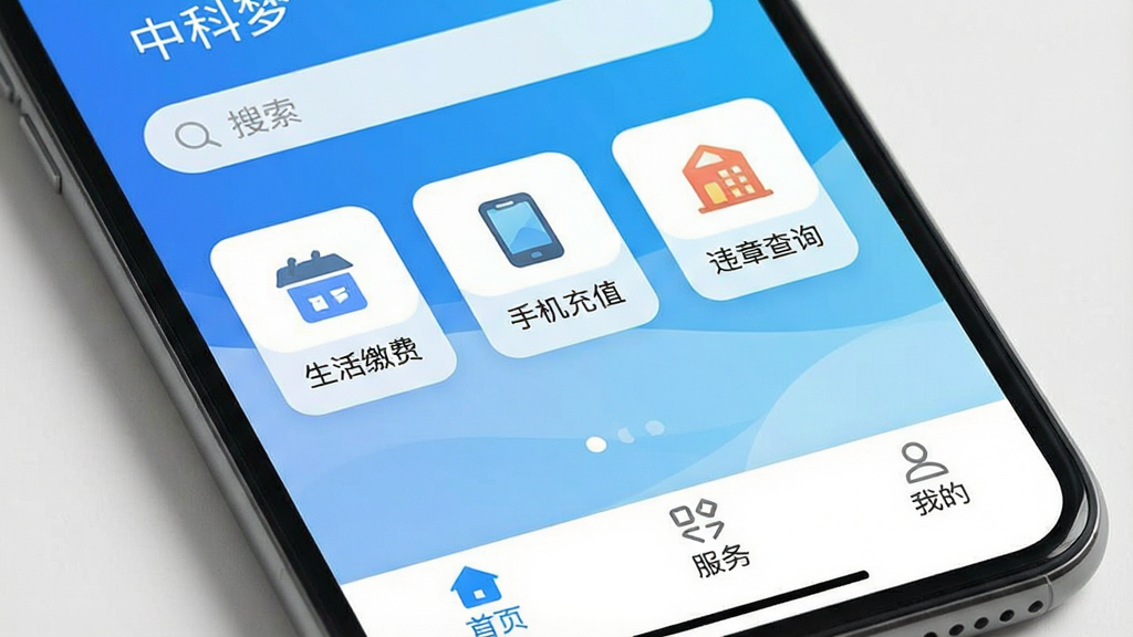 一张智能手机屏幕的特写,屏幕中清晰显示“中科梦”App的主界面,界面风格简洁明亮,采用蓝白渐变主题色,顶部有搜索栏,中间是几个圆角矩形的功能图标,图标下方分别标注“生活缴费”、“手机充值”、“城市服务”、“违章查询”,底部有“首页”、“服务”、“我的”三个选项卡,整体布局清晰,现代扁平化设计风格,画质干净,无多余元素