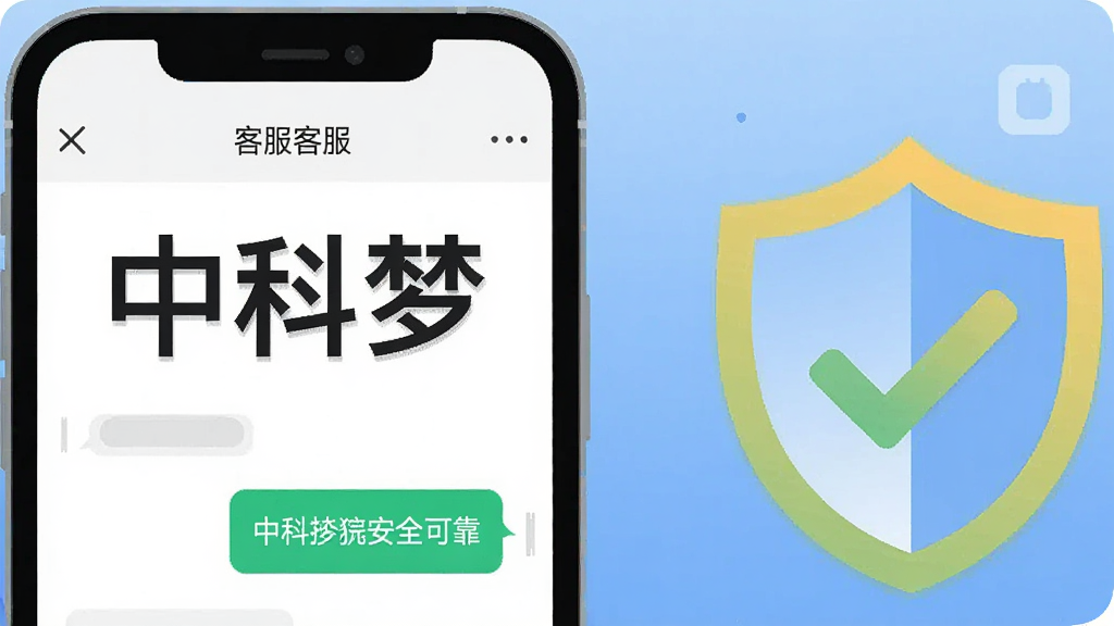 一张插图,画面左侧是一个智能手机屏幕,里面显示“中科梦”的客服聊天界面,右侧是一个打勾的盾牌图标,表示安全可靠,背景是柔和的蓝色渐变,整体风格简洁明快,扁平化设计,文字清晰,画质干净,无多余元素