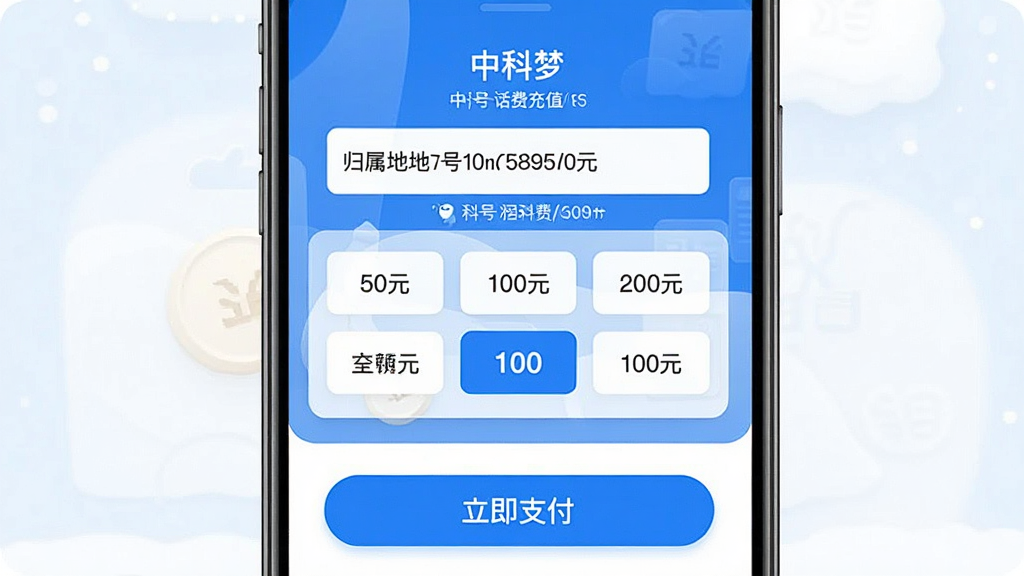 一张手机界面效果图,展示“中科梦”的话费充值页面,页面中央有一个手机号码输入框,显示号码归属地,下方有50元、100元、200元等不同面额的充值选项按钮,被选中的100元按钮高亮显示为蓝色,页面底部有一个“立即支付”的大按钮,整体风格简洁直观,蓝色背景白色卡片,画质清晰,无多余元素