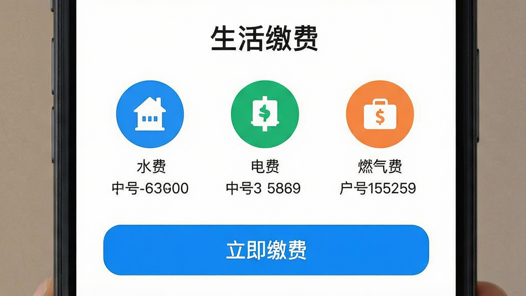 一张手机截图展示“中科梦”的生活缴费功能页面,页面顶部显示“生活缴费”四个字,下面依次排列着水费、电费、燃气费三个圆形图标,每个图标下都有对应的户号信息,最下方有一个醒目的“立即缴费”蓝色按钮,整体界面清爽,图标颜色鲜艳但统一,扁平化设计,排版整齐,画质干净,无多余元素