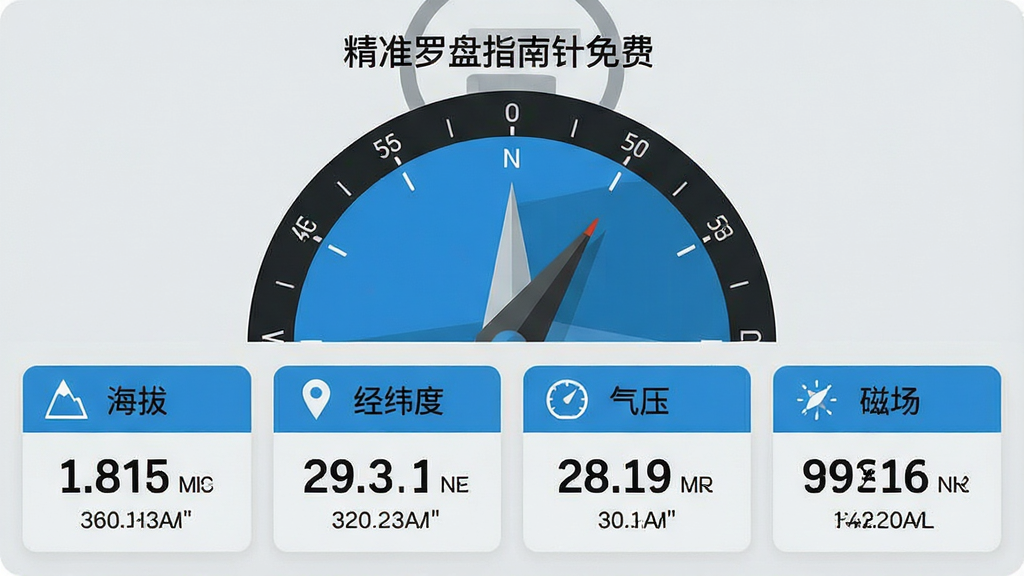 一张高精度罗盘功能展示界面截图设计图,屏幕被划分为上下两个区域,上方是一个半圆形的罗盘表盘,下方整齐排列着四块信息卡片,分别标注