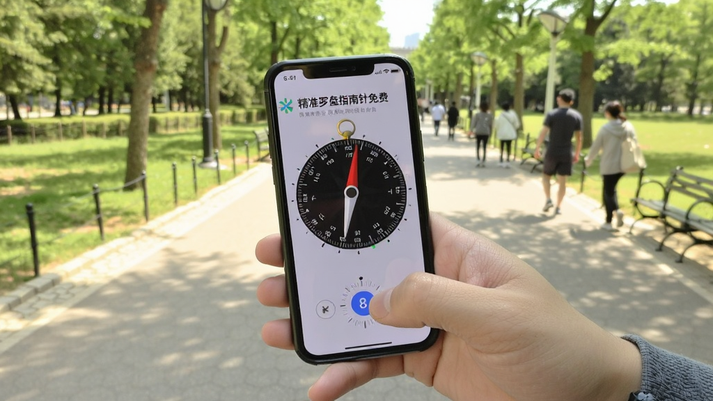 一幅展示用户手持手机正在操作指南针应用的实拍风格图片,手机屏幕显示罗盘界面且指针清晰,另一只手正在轻轻摆动手机画