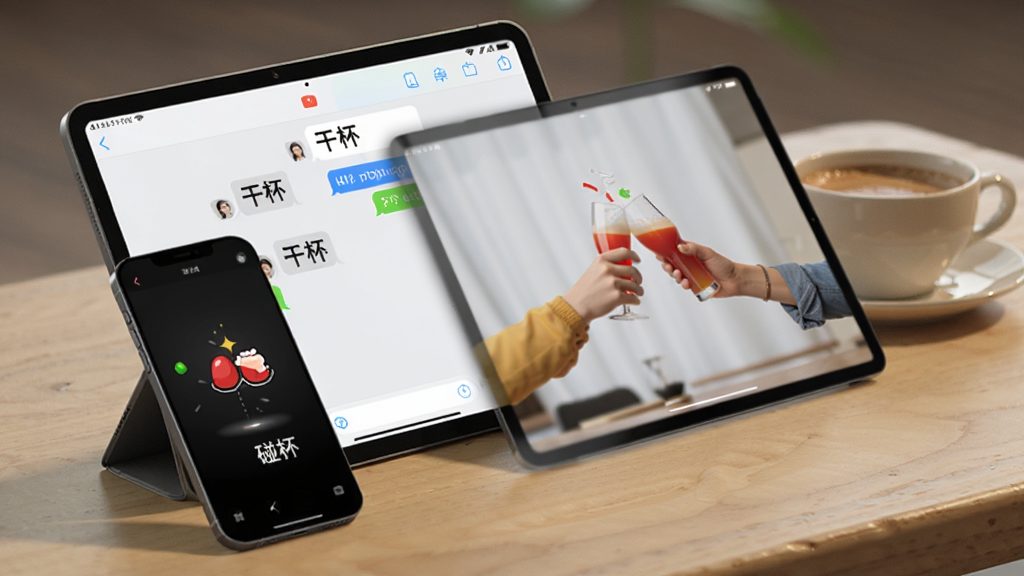 ͼƬ�����������ֻ���һ̨ƽ����Բ��Űڷ��������ϣ�ƽ����Ļ����ʾ�š��ɱ�����������棬�ֻ���Ļ��ʾ�š��������ɹ���Ķ�������������һ�����ȡ�������ò��ӹ�ͼ���Ű�������£����Ϊдʵ�����泡����ϸ�������˶��豸ͬ�����޷����飬���ʸɾ��޶���Ԫ��