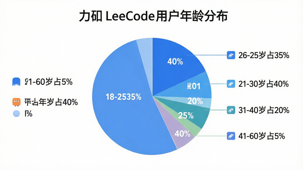 ���壺��״ͼչʾ������ LeetCode���û�����ֲ������֣���״ͼ���У����Ϊͼ�����Ҳ�Ϊ�ٷֱȱ�ǩ���Ű棺��������ɫ�������ԣ���ע��18-25��ռ35%������26-30��ռ40%������31-40��ռ20%������41-60��ռ5%������񣺼���ִ���������ɫ��ͼ���ƽ��ϸ�ڣ�ÿ�������ж�Ӧ��ɫ�����֣�����Ϊ������ LeetCode�û�����ֲ��������ʣ����壬�ɾ����޶���Ԫ�ء�