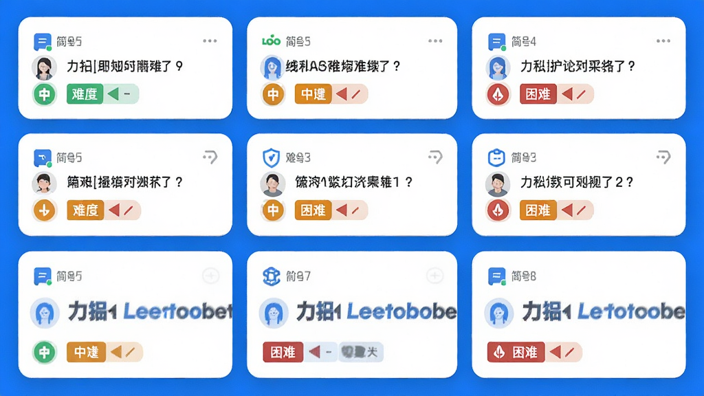 ���壺������ LeetCode������б�ҳ�棬չʾ�����Ŀ��Ƭ�����֣��б����ϵ������У�ÿ����Ƭ��ʾ��š����⡢�Ѷȱ�ǩ���Ű棺���������Ѷ�����ɫ���֣����̡��еȳȡ����Ѻ죩�������ˬ��࣬���ױ�������ƽ��ͼ�ꡣϸ�ڣ���ƬԲ�ǣ������������޶���װ�Ρ����ʣ����壬�ɾ����޶���Ԫ�ء�