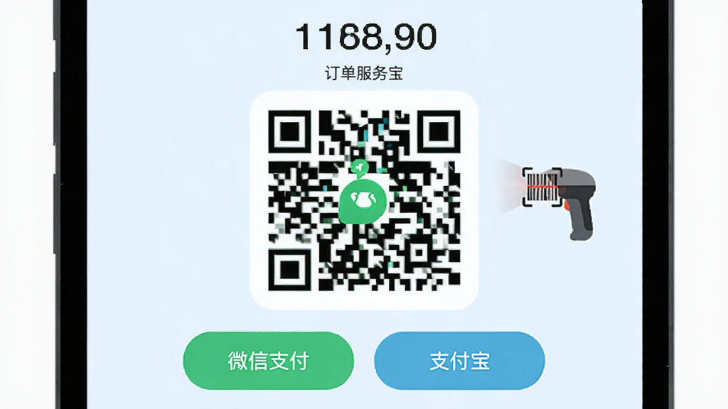 店铺服务宝app的收银界面特写,画面中央为一个大大的绿色收款二维码,上方显示订单金额,下方有“微信支付”和“支付宝”两个按钮,右侧有一个手持扫码枪的图标,界面背景为淡蓝色,整体布局清晰,按钮文字明确,风格扁平化,细节圆润,画质干净无多余元素