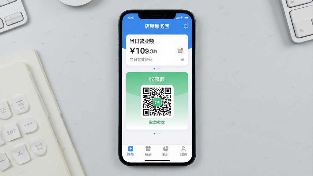 一幅展示智能手机运行店铺服务宝app的完整界面截图,手机居中放置,屏幕内清晰显示“店铺服务宝”主界面,包含顶部当日营业额统计卡片、中部绿色收款二维码、底部“账单、商品、统计、我的”四个标签栏,界面风格简洁现代,蓝白配色为主,图标圆润清晰,背景为浅灰色桌面,画质干净无多余元素