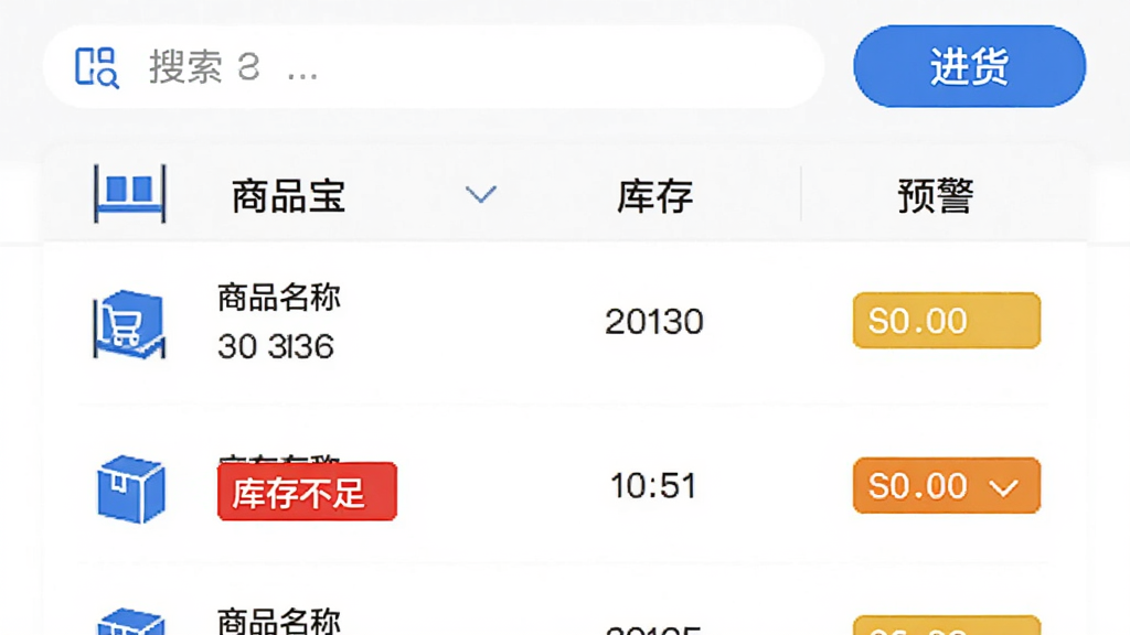 店铺服务宝app的库存管理页面,列表展示商品名称、库存数量和预警状态,其中一款商品红色标记“库存不足”,顶部有搜索框和“进货”按钮,界面风格简洁,白底蓝字,货架图标点缀其中,排版整齐,画质干净无多余元素