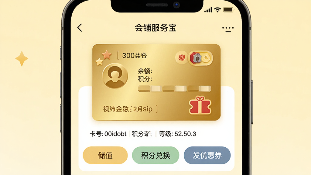 店铺服务宝app的会员管理界面,显示一位顾客的会员卡详情,包含卡号、余额、积分和等级,下方有“储值”“积分兑换”“发优惠券”三个按钮,背景为淡黄色,会员卡图形为金色,布局整齐,风格现代且友好,画质干净无多余元素