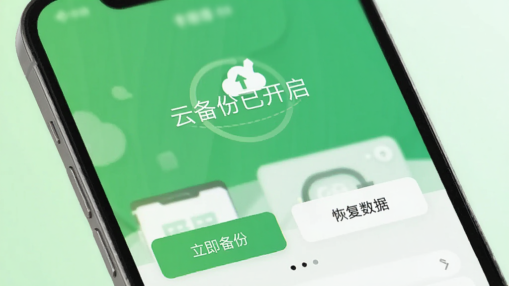 一幅展示店铺服务宝app数据备份设置的界面,手机屏幕上有“云备份已开启”字样,下方有“立即备份”和“恢复数据”按钮,背景为绿色调,风格简洁,画面干净无多余元素