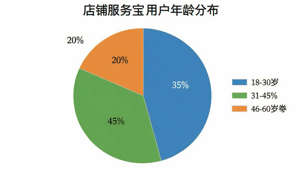饼状图展示店铺服务宝用户年龄分布,比例为18-30岁占35%,31-45岁占45%,46-60岁占20%,颜色分别为蓝色、绿色、橙色,图例清晰,背景白色,画质干净无多余元素