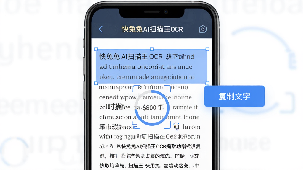 һ��չʾ������AIɨ����OCR��ȡ���ܵ�ʾ��ͼ���������ֻ���Ļ����ʾһ��Ӣ�ĺ����Ļ�ϵ�ӡˢ���֣������Ϸ�����ɫ����ѡ�����Ա������š��������֡���ť�����־��У��Ű����������Ƽ��б�ƽ��ϸ����ʶ�����Ȧ�����ʸɾ��޶���Ԫ��