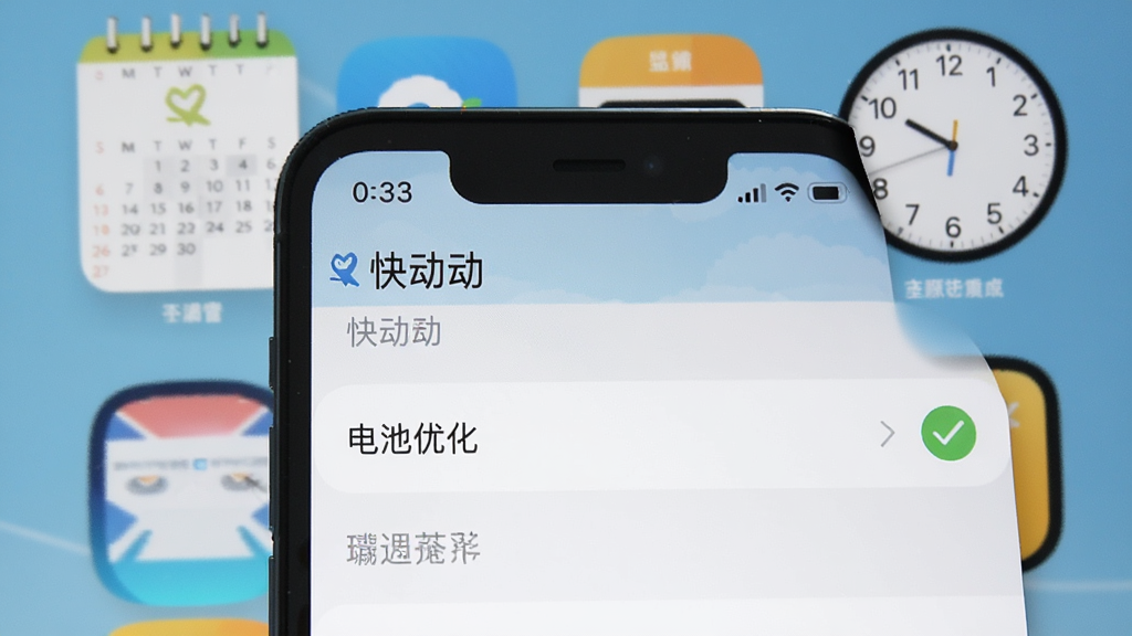 一张手机截图,显示「快动动」的设置页面,其中“电池优化”选项被高亮,旁边有一个绿色对勾。背景是简洁的桌面,有日历和时钟挂件,风格写实,光线明亮,重点突出,画质干净无多余元素。
