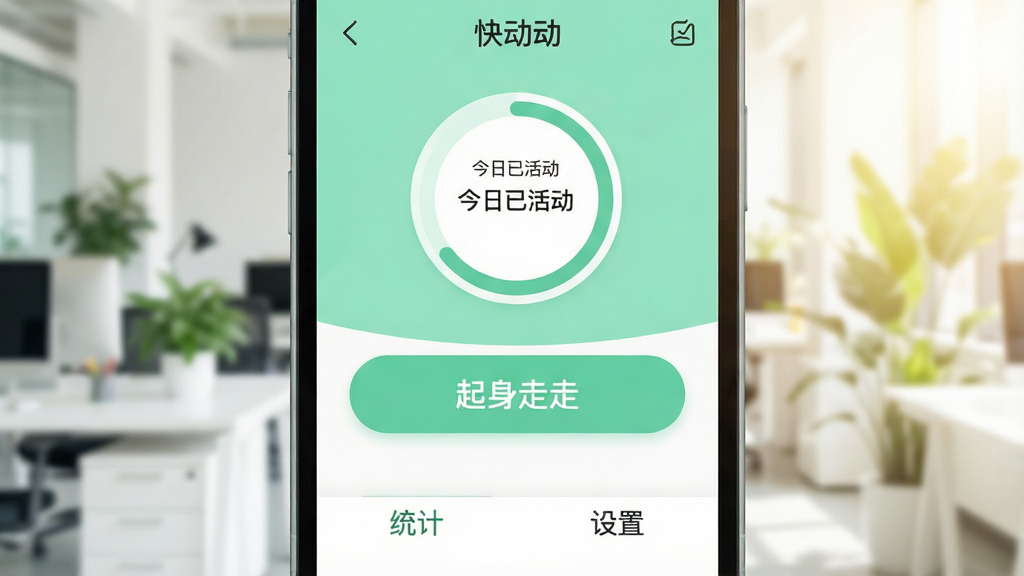 一张智能手机屏幕的特写,屏幕中央显示应用「快动动」的主界面,界面以清新的薄荷绿和白色为主色调,顶部有“今日已活动”的圆形进度环,中间是“起身走走”的大按钮,底部有清晰的“统计”和“设置”标签。背景是模糊的明亮办公室环境,有绿植和阳光,整体风格干净现代,扁平化设计,画质干净无多余元素。