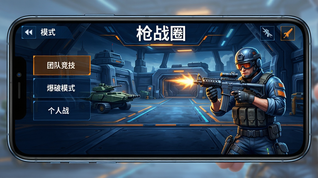 一张展示手机横屏握持射击游戏界面的高清图片,屏幕上显示