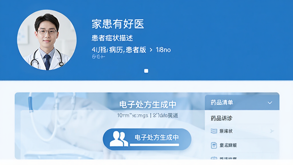 ���к�ҽ���߰����߸��﹦�ܽ��棬��ʾҽ����Ƶͨ�����ڡ����߲���ժҪ��ҩƷ�嵥���������½ṹ���Ϸ�Ϊҽ��ͷ��ͻ���֢״�������·�Ϊ���Ӵ��������У�����������ɫ��ҽ�Ʒ���ƽ�������ʸɾ��޶���Ԫ��