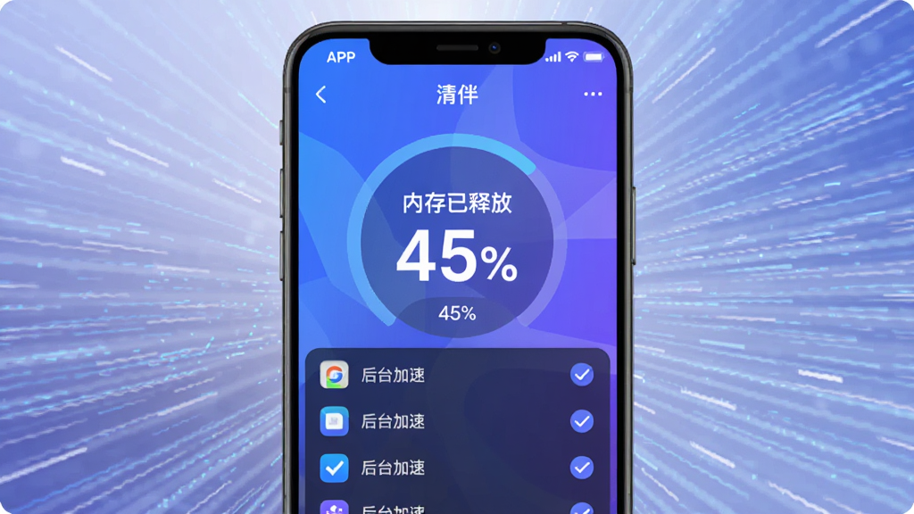 һ���ֻ��ڴ���ٵ�ʾ��ͼ�������ǳ�����ٶ�������ǰ���ǡ���顱APP���ڴ����ҳ�棬������ʾ���ڴ����ͷ� 45%������Ŀ���ݣ��·��м����ɹ�ѡ�ĺ�̨Ӧ���б���������ƾ��пƼ��У�����ɫ�������ʸɾ��޶���Ԫ��